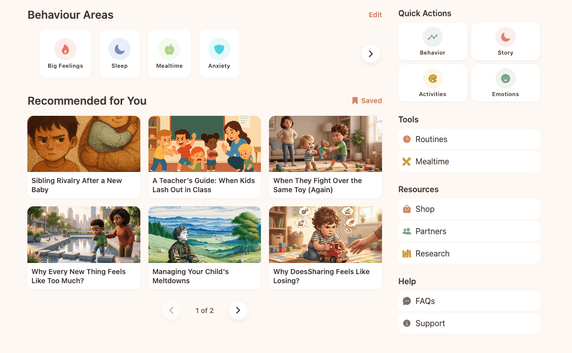 The Do What Kids Do app showing behaviour areas and recommended stories